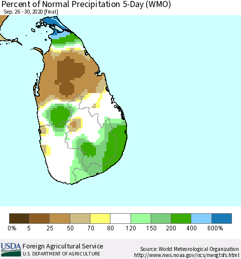 Sri Lanka Percent of Normal Precipitation 5-Day (WMO) Thematic Map For 9/26/2020 - 9/30/2020