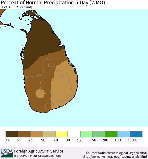 Sri Lanka Percent of Normal Precipitation 5-Day (WMO) Thematic Map For 10/1/2020 - 10/5/2020