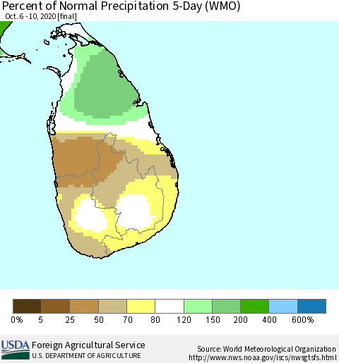 Sri Lanka Percent of Normal Precipitation 5-Day (WMO) Thematic Map For 10/6/2020 - 10/10/2020