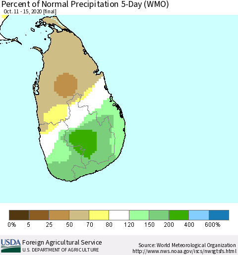 Sri Lanka Percent of Normal Precipitation 5-Day (WMO) Thematic Map For 10/11/2020 - 10/15/2020