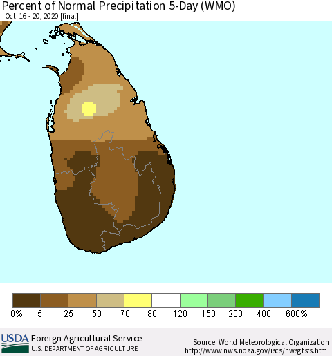 Sri Lanka Percent of Normal Precipitation 5-Day (WMO) Thematic Map For 10/16/2020 - 10/20/2020