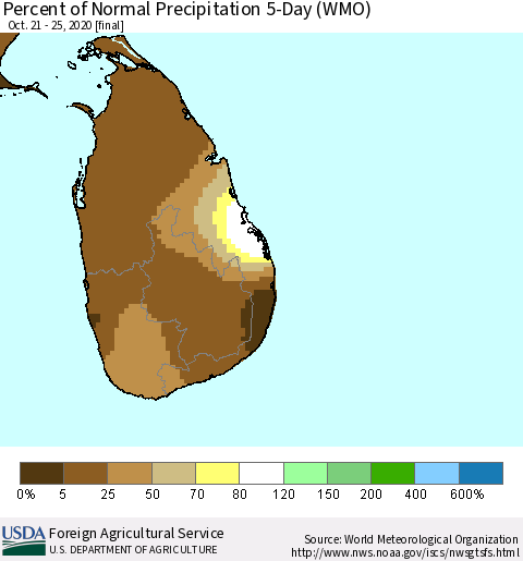 Sri Lanka Percent of Normal Precipitation 5-Day (WMO) Thematic Map For 10/21/2020 - 10/25/2020
