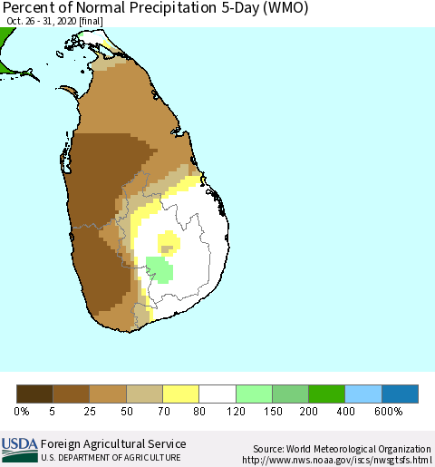 Sri Lanka Percent of Normal Precipitation 5-Day (WMO) Thematic Map For 10/26/2020 - 10/31/2020