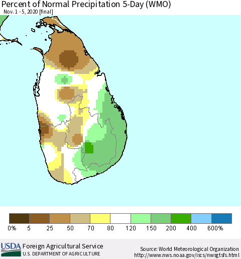 Sri Lanka Percent of Normal Precipitation 5-Day (WMO) Thematic Map For 11/1/2020 - 11/5/2020