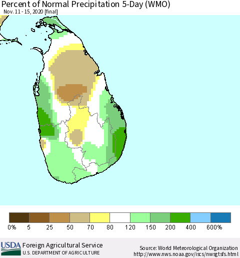 Sri Lanka Percent of Normal Precipitation 5-Day (WMO) Thematic Map For 11/11/2020 - 11/15/2020