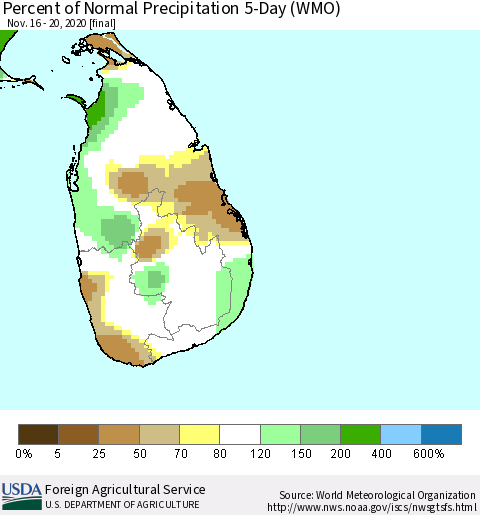 Sri Lanka Percent of Normal Precipitation 5-Day (WMO) Thematic Map For 11/16/2020 - 11/20/2020
