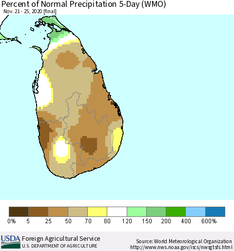 Sri Lanka Percent of Normal Precipitation 5-Day (WMO) Thematic Map For 11/21/2020 - 11/25/2020