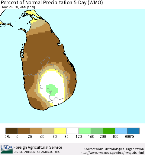 Sri Lanka Percent of Normal Precipitation 5-Day (WMO) Thematic Map For 11/26/2020 - 11/30/2020