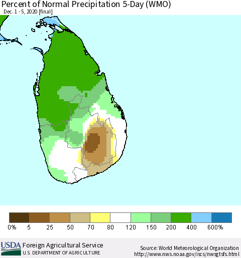 Sri Lanka Percent of Normal Precipitation 5-Day (WMO) Thematic Map For 12/1/2020 - 12/5/2020