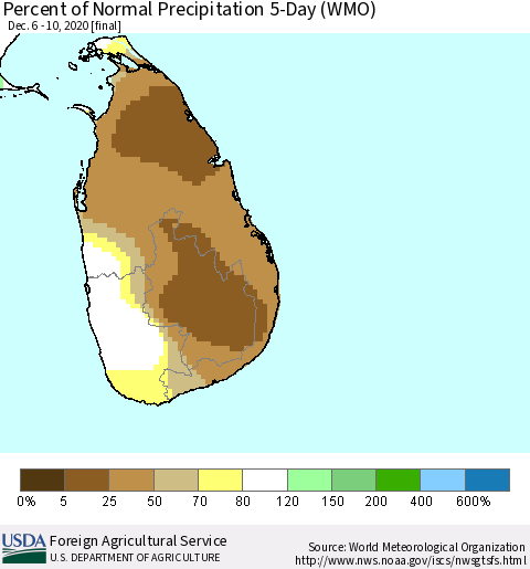 Sri Lanka Percent of Normal Precipitation 5-Day (WMO) Thematic Map For 12/6/2020 - 12/10/2020