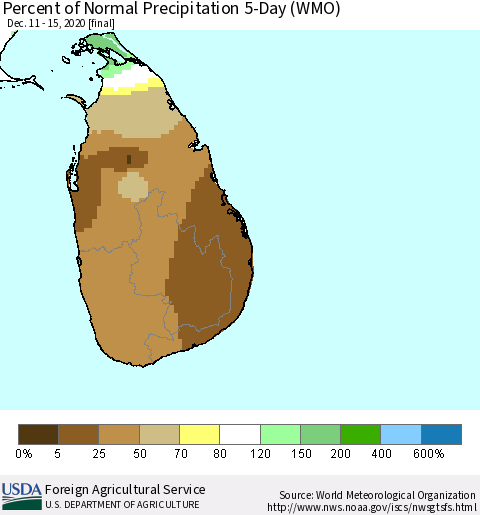 Sri Lanka Percent of Normal Precipitation 5-Day (WMO) Thematic Map For 12/11/2020 - 12/15/2020