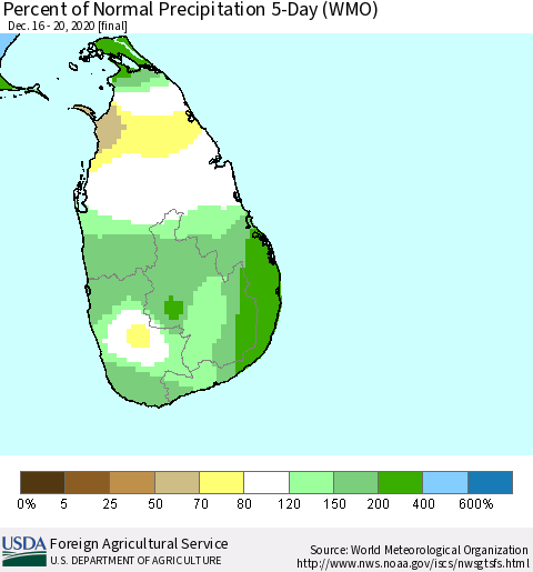 Sri Lanka Percent of Normal Precipitation 5-Day (WMO) Thematic Map For 12/16/2020 - 12/20/2020