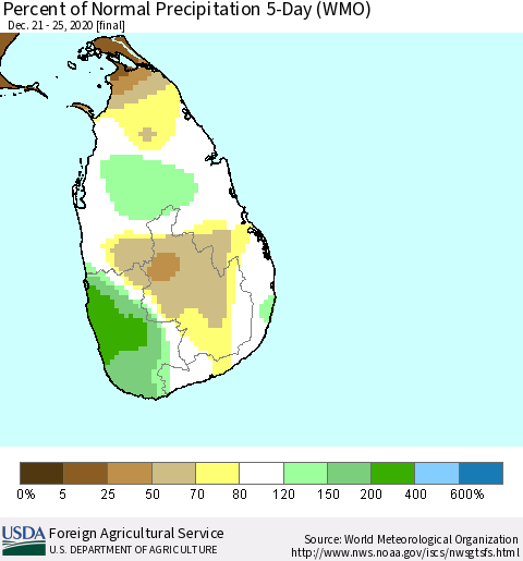 Sri Lanka Percent of Normal Precipitation 5-Day (WMO) Thematic Map For 12/21/2020 - 12/25/2020