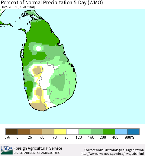Sri Lanka Percent of Normal Precipitation 5-Day (WMO) Thematic Map For 12/26/2020 - 12/31/2020