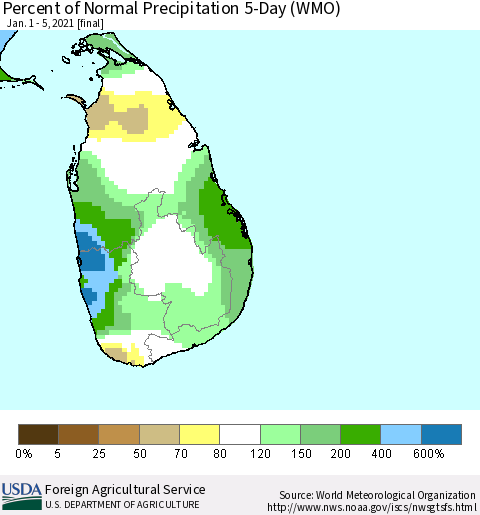 Sri Lanka Percent of Normal Precipitation 5-Day (WMO) Thematic Map For 1/1/2021 - 1/5/2021
