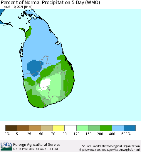 Sri Lanka Percent of Normal Precipitation 5-Day (WMO) Thematic Map For 1/6/2021 - 1/10/2021