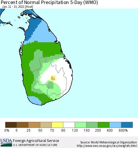 Sri Lanka Percent of Normal Precipitation 5-Day (WMO) Thematic Map For 1/11/2021 - 1/15/2021