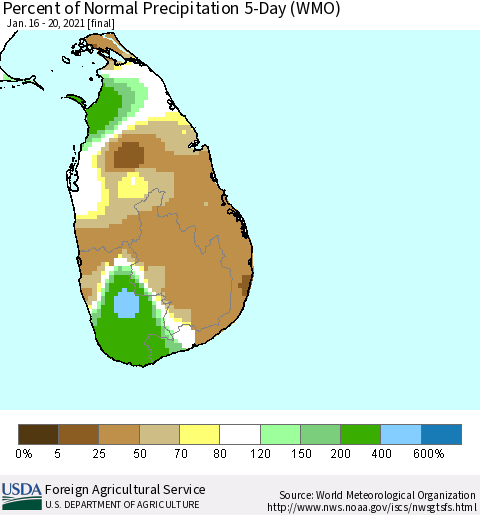 Sri Lanka Percent of Normal Precipitation 5-Day (WMO) Thematic Map For 1/16/2021 - 1/20/2021