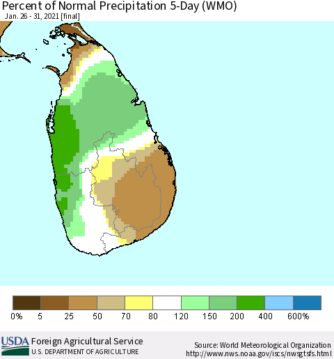 Sri Lanka Percent of Normal Precipitation 5-Day (WMO) Thematic Map For 1/26/2021 - 1/31/2021