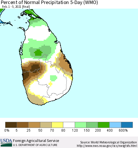 Sri Lanka Percent of Normal Precipitation 5-Day (WMO) Thematic Map For 2/1/2021 - 2/5/2021
