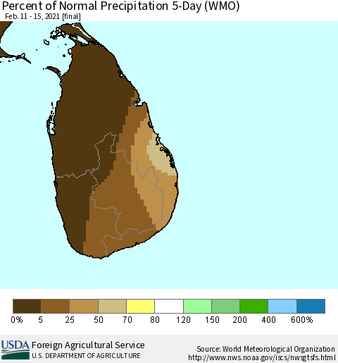 Sri Lanka Percent of Normal Precipitation 5-Day (WMO) Thematic Map For 2/11/2021 - 2/15/2021