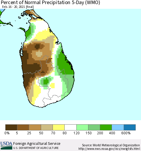 Sri Lanka Percent of Normal Precipitation 5-Day (WMO) Thematic Map For 2/16/2021 - 2/20/2021
