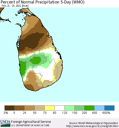 Sri Lanka Percent of Normal Precipitation 5-Day (WMO) Thematic Map For 2/21/2021 - 2/25/2021