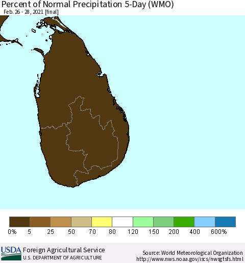 Sri Lanka Percent of Normal Precipitation 5-Day (WMO) Thematic Map For 2/26/2021 - 2/28/2021