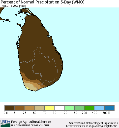 Sri Lanka Percent of Normal Precipitation 5-Day (WMO) Thematic Map For 3/1/2021 - 3/5/2021