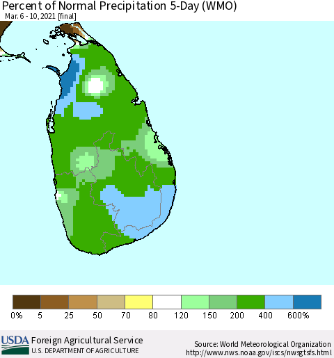 Sri Lanka Percent of Normal Precipitation 5-Day (WMO) Thematic Map For 3/6/2021 - 3/10/2021