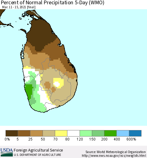 Sri Lanka Percent of Normal Precipitation 5-Day (WMO) Thematic Map For 3/11/2021 - 3/15/2021