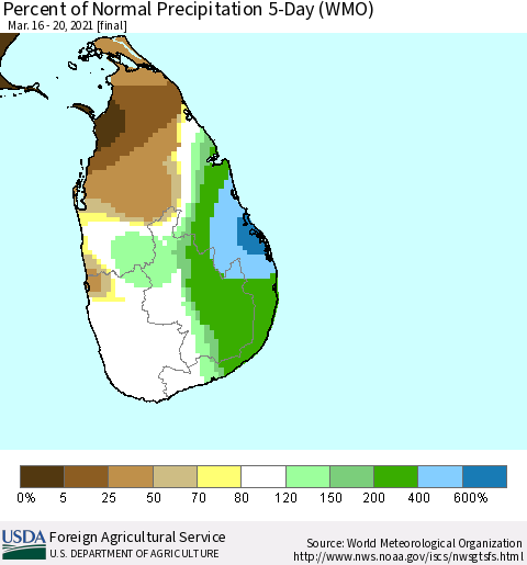 Sri Lanka Percent of Normal Precipitation 5-Day (WMO) Thematic Map For 3/16/2021 - 3/20/2021