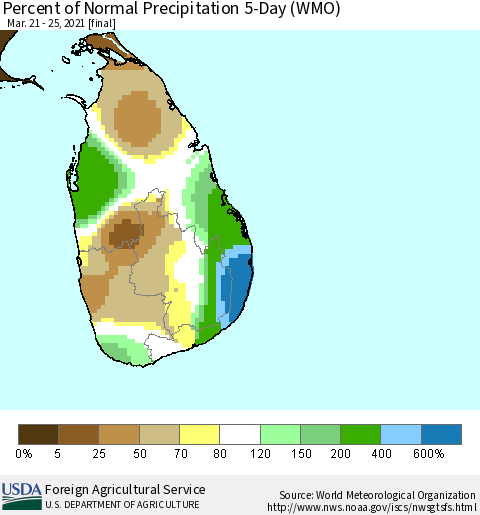 Sri Lanka Percent of Normal Precipitation 5-Day (WMO) Thematic Map For 3/21/2021 - 3/25/2021