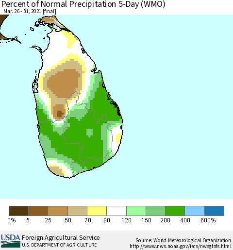 Sri Lanka Percent of Normal Precipitation 5-Day (WMO) Thematic Map For 3/26/2021 - 3/31/2021