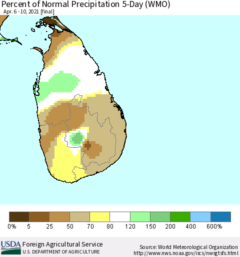 Sri Lanka Percent of Normal Precipitation 5-Day (WMO) Thematic Map For 4/6/2021 - 4/10/2021