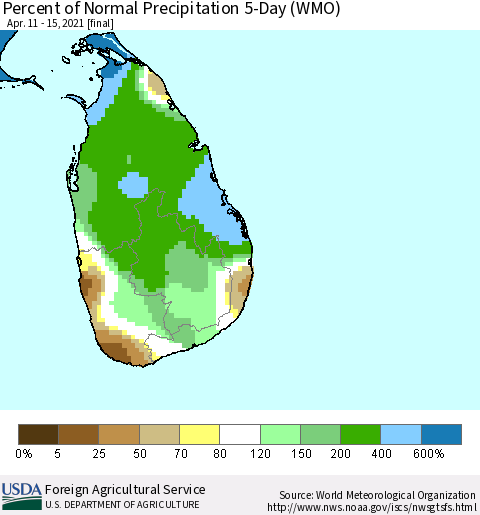 Sri Lanka Percent of Normal Precipitation 5-Day (WMO) Thematic Map For 4/11/2021 - 4/15/2021