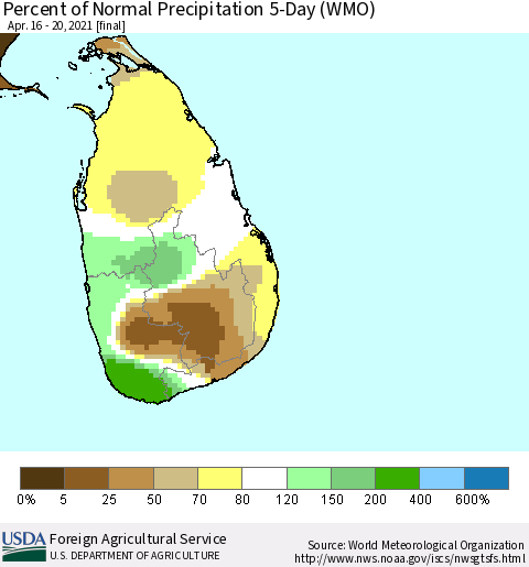 Sri Lanka Percent of Normal Precipitation 5-Day (WMO) Thematic Map For 4/16/2021 - 4/20/2021
