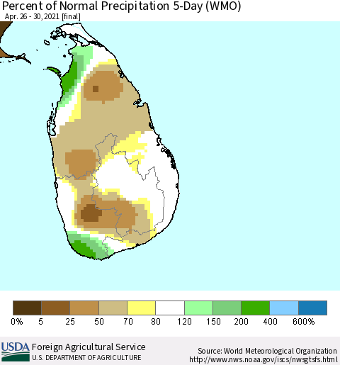 Sri Lanka Percent of Normal Precipitation 5-Day (WMO) Thematic Map For 4/26/2021 - 4/30/2021