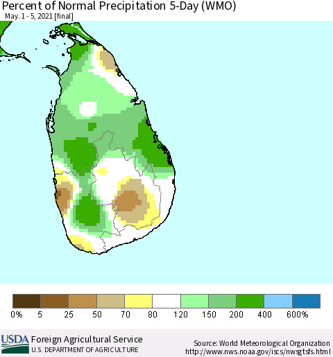 Sri Lanka Percent of Normal Precipitation 5-Day (WMO) Thematic Map For 5/1/2021 - 5/5/2021