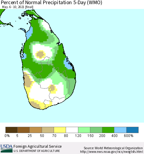 Sri Lanka Percent of Normal Precipitation 5-Day (WMO) Thematic Map For 5/6/2021 - 5/10/2021