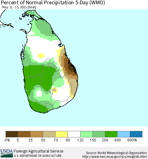 Sri Lanka Percent of Normal Precipitation 5-Day (WMO) Thematic Map For 5/11/2021 - 5/15/2021