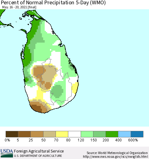 Sri Lanka Percent of Normal Precipitation 5-Day (WMO) Thematic Map For 5/16/2021 - 5/20/2021