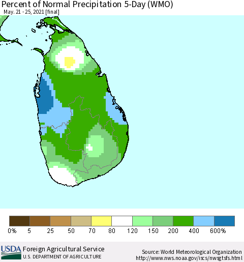 Sri Lanka Percent of Normal Precipitation 5-Day (WMO) Thematic Map For 5/21/2021 - 5/25/2021