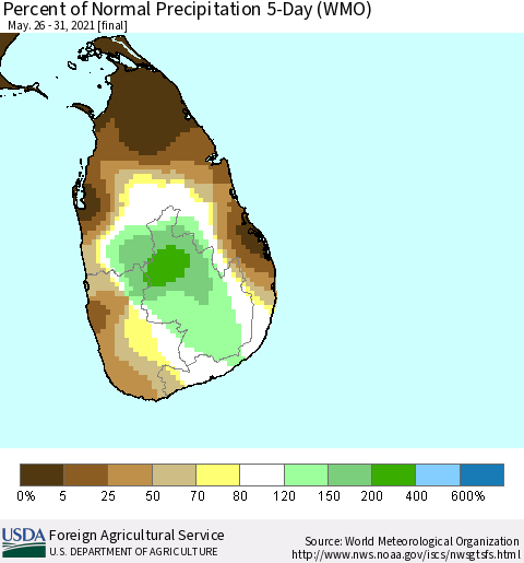 Sri Lanka Percent of Normal Precipitation 5-Day (WMO) Thematic Map For 5/26/2021 - 5/31/2021
