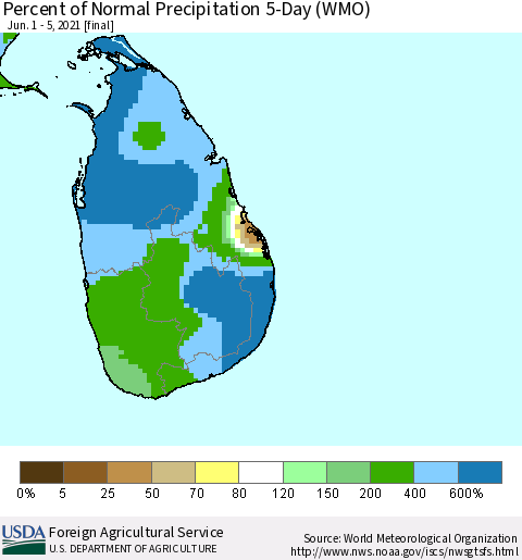 Sri Lanka Percent of Normal Precipitation 5-Day (WMO) Thematic Map For 6/1/2021 - 6/5/2021