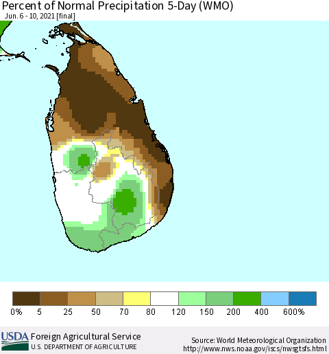 Sri Lanka Percent of Normal Precipitation 5-Day (WMO) Thematic Map For 6/6/2021 - 6/10/2021