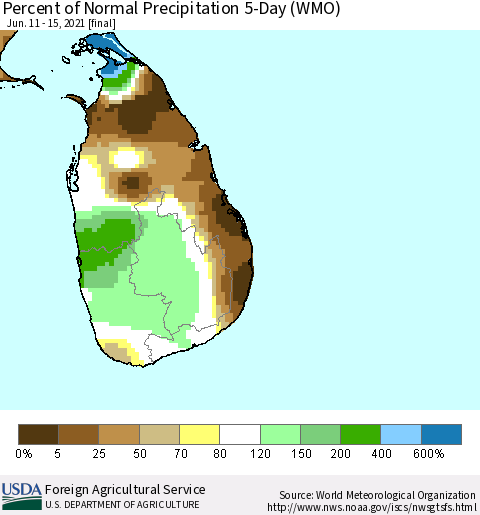 Sri Lanka Percent of Normal Precipitation 5-Day (WMO) Thematic Map For 6/11/2021 - 6/15/2021