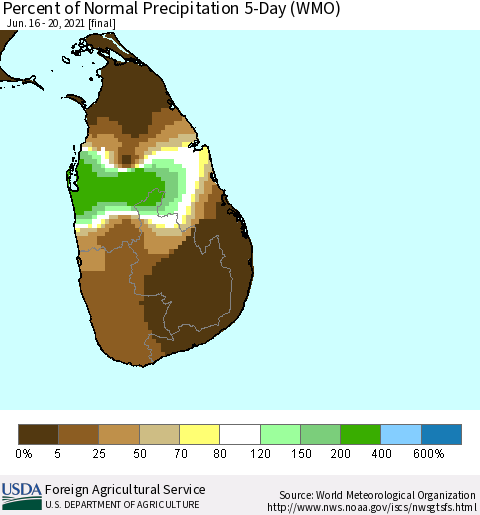 Sri Lanka Percent of Normal Precipitation 5-Day (WMO) Thematic Map For 6/16/2021 - 6/20/2021