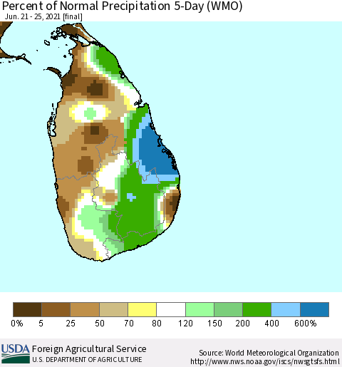 Sri Lanka Percent of Normal Precipitation 5-Day (WMO) Thematic Map For 6/21/2021 - 6/25/2021