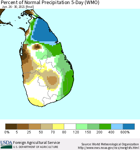 Sri Lanka Percent of Normal Precipitation 5-Day (WMO) Thematic Map For 6/26/2021 - 6/30/2021